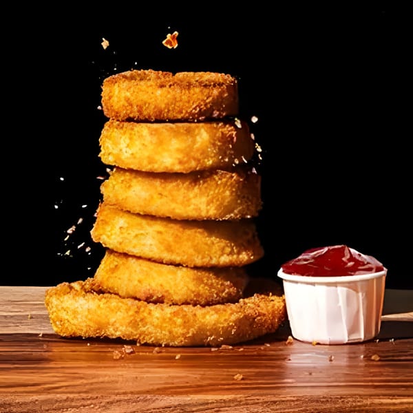 A tall stack of golden-brown fried onion rings with salt falling, next to a cup of ketchup.