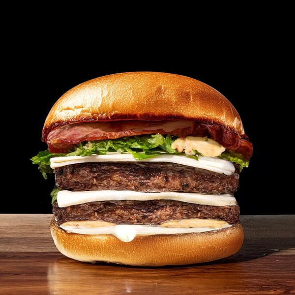 A tall Munchies double-patty burger with bacon, lettuce, onions, and cheese on a wooden surface.