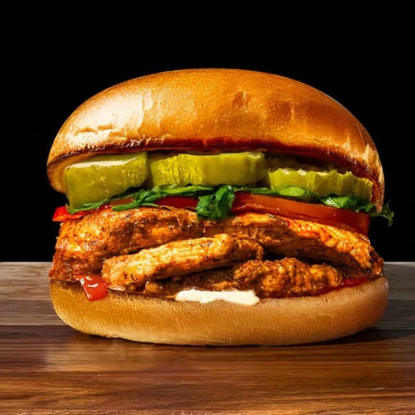 Munchies chicken burger with pickles, lettuce, tomato, and sauce on a wooden surface.