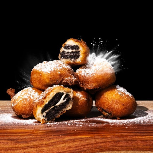 Deep-fried Oreos, dusted with powdered sugar, piled on a wooden board against a dark background.